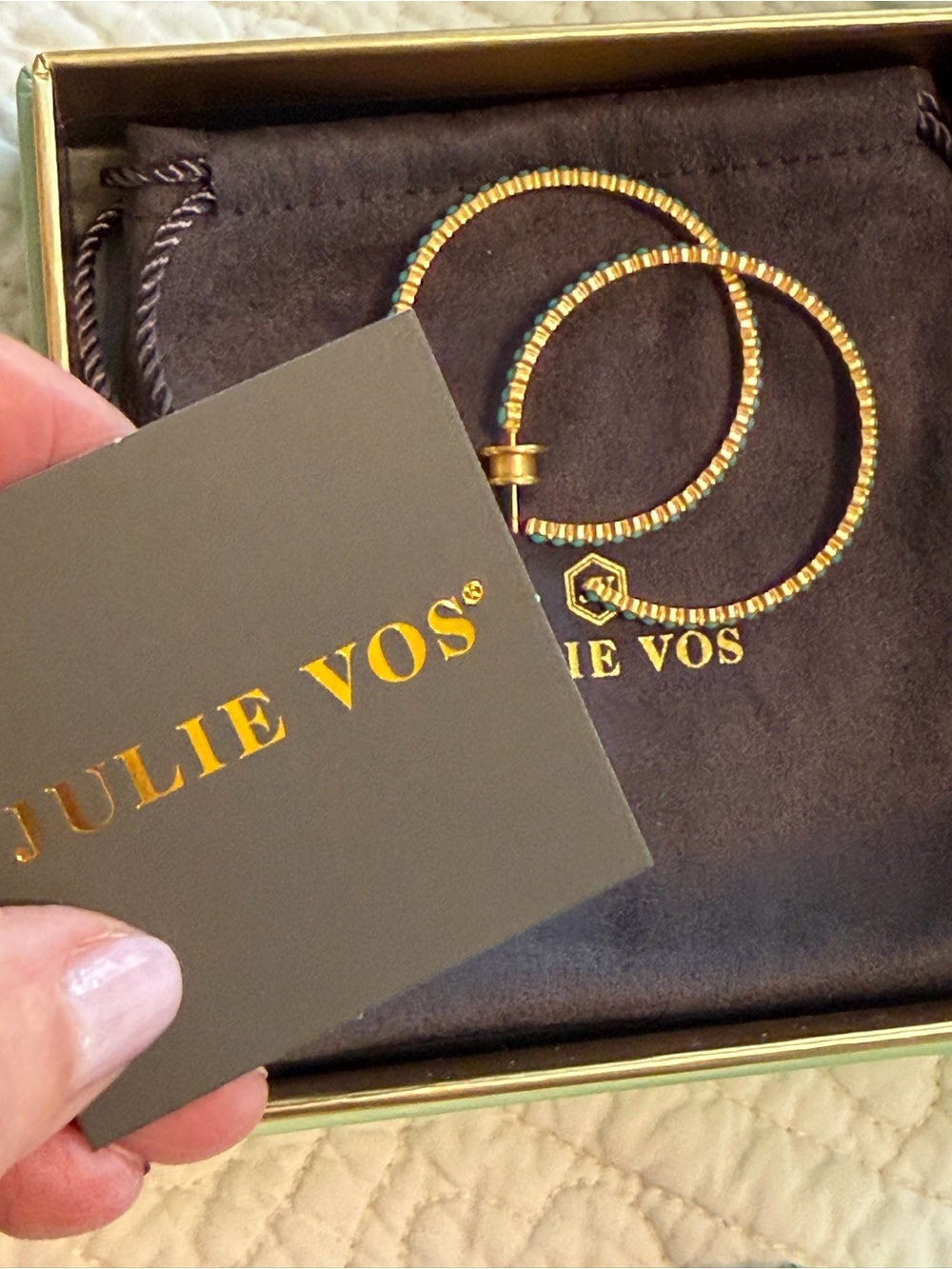 New in Box Julie Vos Juliette Large Hold Turquoise Blue Hoop Earrings - Picture 8 of 14